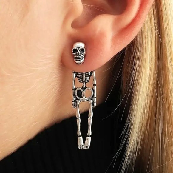 Skeleton Earrings Dangle Skull Silver Halloween Goth Rave Scene Emo Costume Fun - Picture 1 of 3